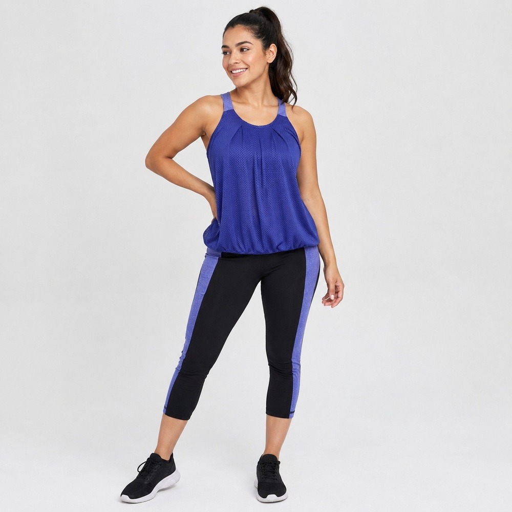 Cabi Activewear Set Womens Blue Black Mesh Tank Built-in Bra M Crop Leggings Sm